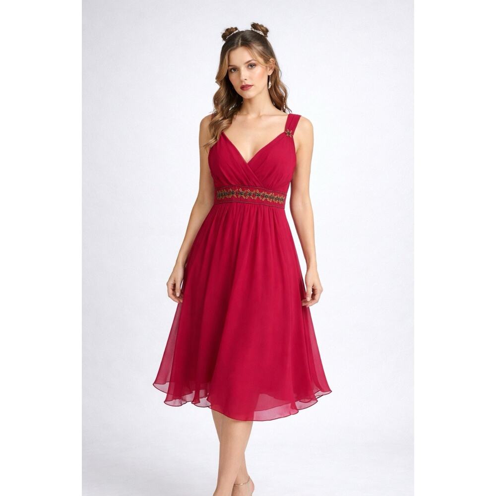 Y2k 00s Baby-Doll Beaded Silk Chiffon Dress Empire Waist flowy Prom Party Midi 8